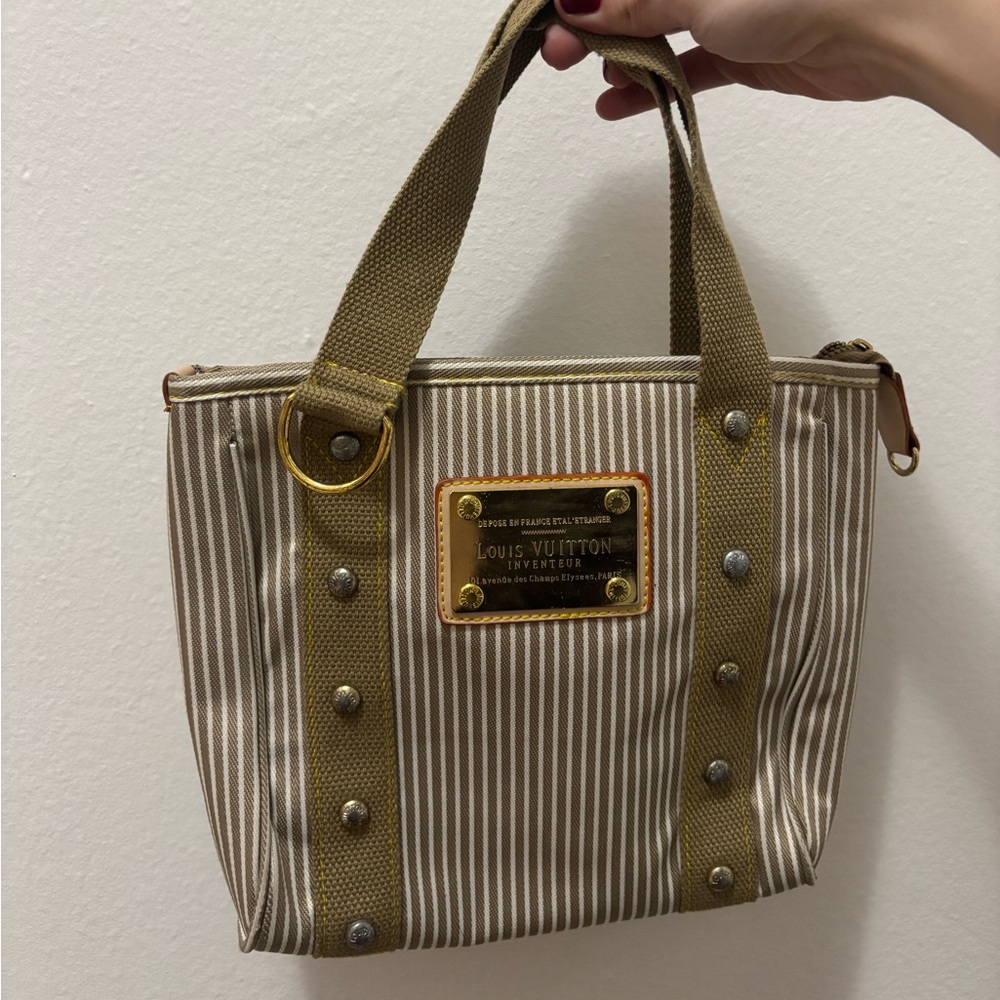 Louis Vuitton Beige and Brown Striped Canvas Tote with Gold Hardware